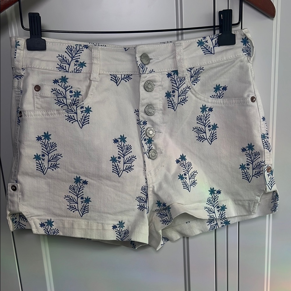 Pilcro White Shorts with Blue Floral Design
